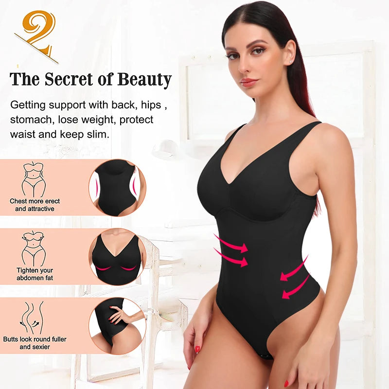 Shapewear Bodysuit Thong Body Shaper for Women Waist Trainer Corset Deep V Neck Slimming Underwear Built-in Bra Camisoles Tops