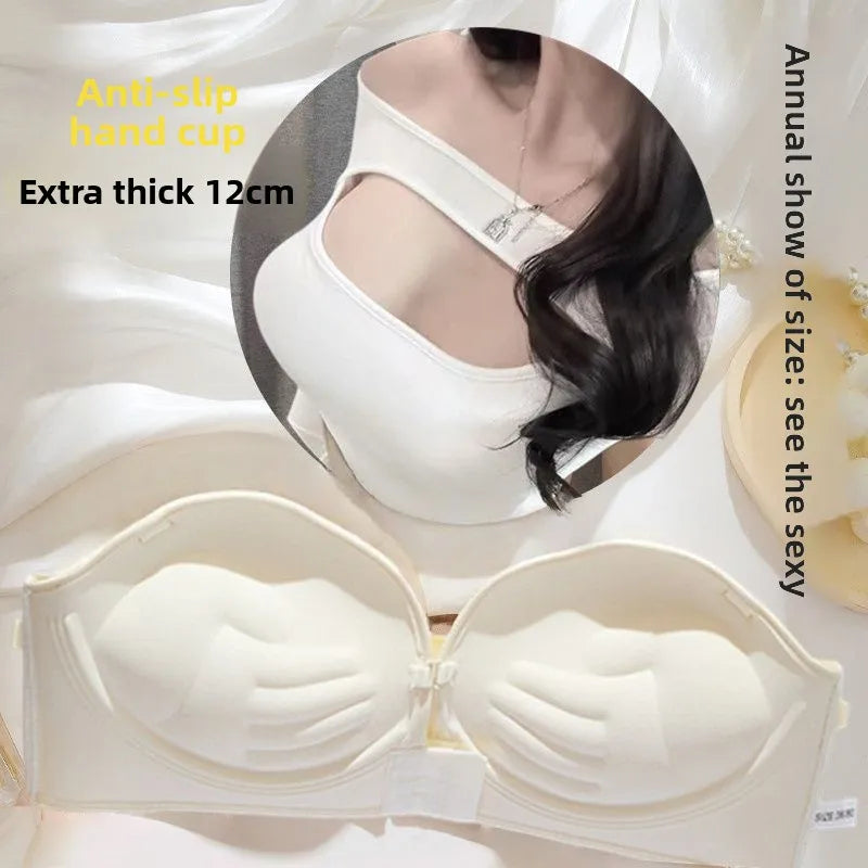 Strapless Push Up Bra 12cm Padding & Front Closure | No-Slip Grip, Hand-like Support Cups, Ultimate Lift & Shape