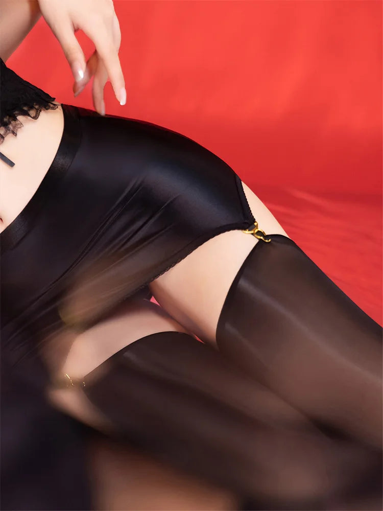 Sexy Women Elastic Tight Pencil Skirt Oil Glossy Shiny Micro Mini Packet Hip Skirts Cosplay Maid Wear With Garters Stockings