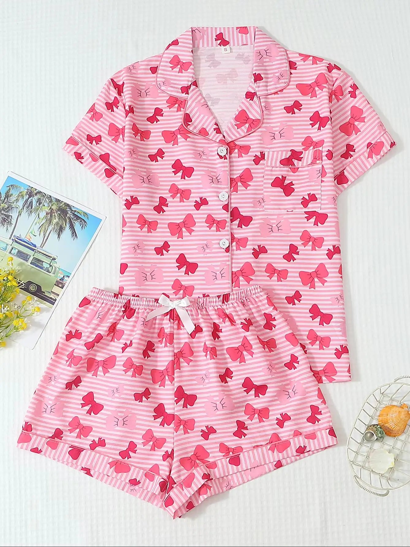 Two-Piece Set: Comfortable Pink and White Striped Top with Red Bow Print, Turn-Down Collar, Buttoned Short Sleeves, and Pockets, Paired with Bow Shorts. Spring/Summer Women's Pajama Loungewear Set Suitable for Home Use