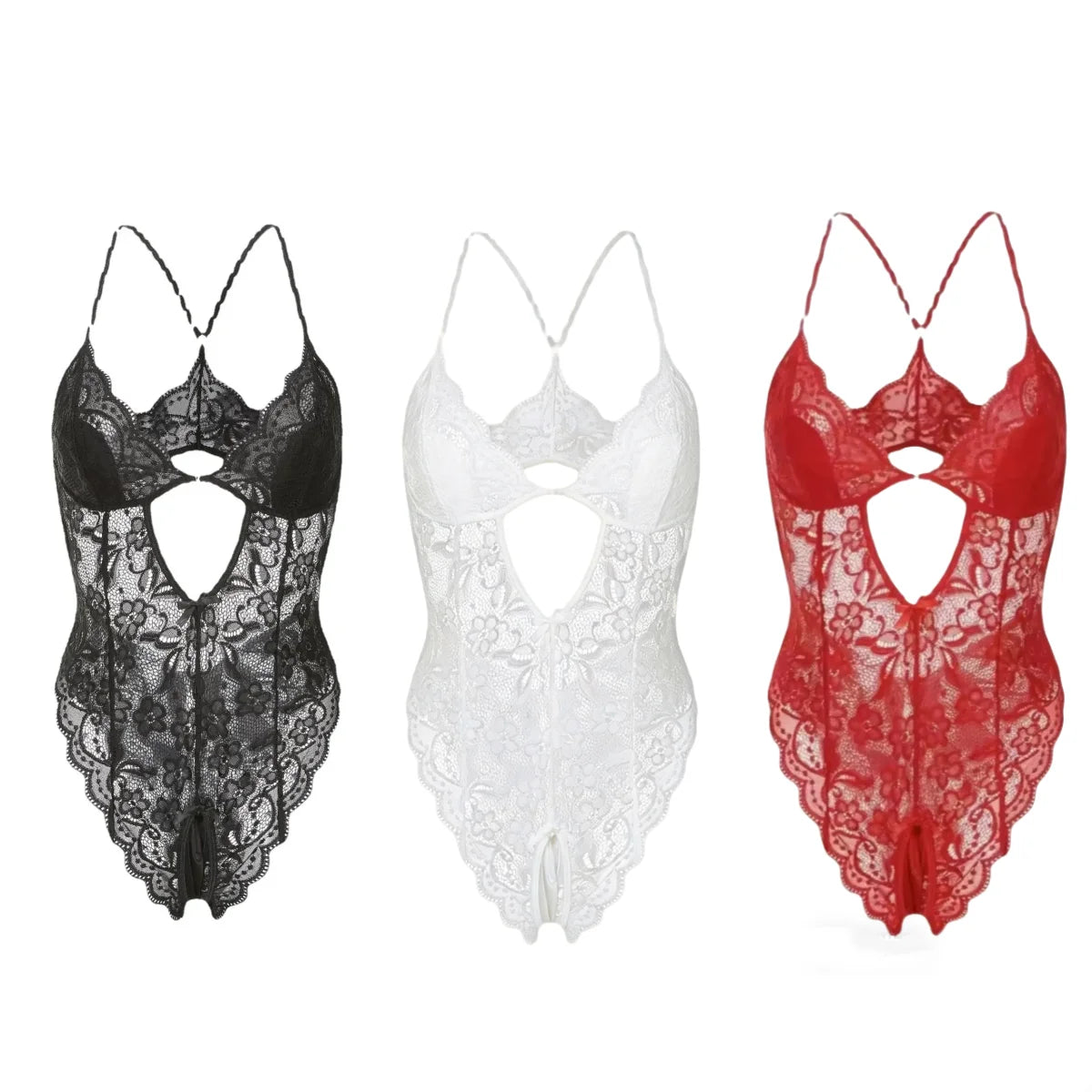 Sexy Bodysuits Women Lace Lingerie Crotchless Temptation Pajamas Lace V Neck Mini Dress Solid Color One-Piece Bodysuit Halter