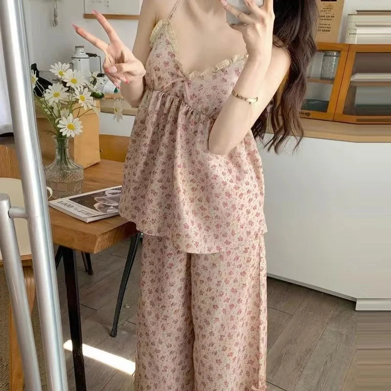 New Summer Vintage Floral Print Pajama Set with Padded Straps and Long Pants for Girls – Women's Summer Loungewear and Sleepwear