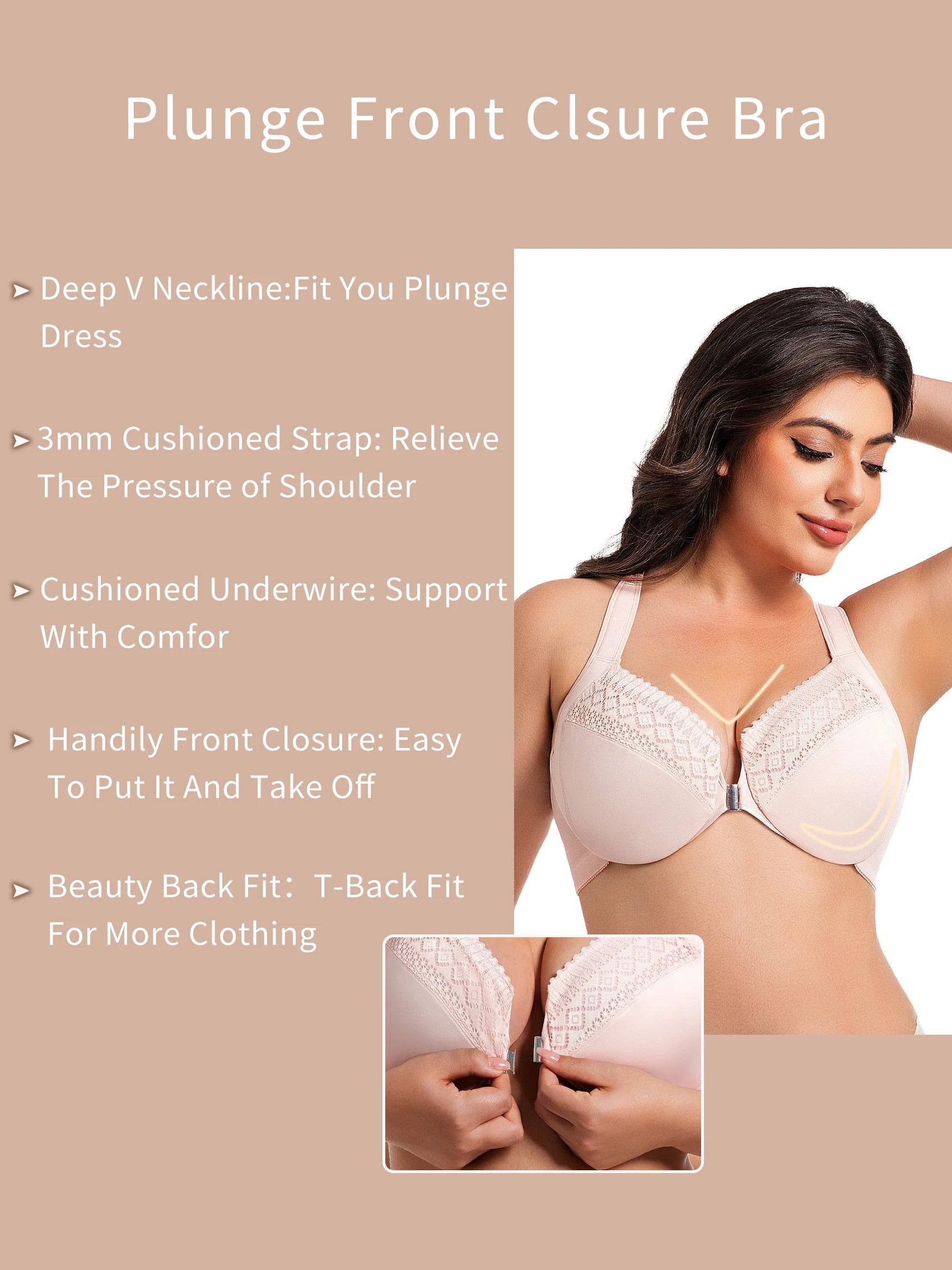 Front Closure Unlined Underwire Racerback Bra Full Coverage plus Size Comfortable Supportive Women's Bra 7850