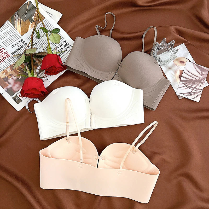 Front Closure Push Up Bras Women's Sexy Seamless Plunge No Steel Brassiere Thick Female Underwear Solid Color Invisible Lingerie