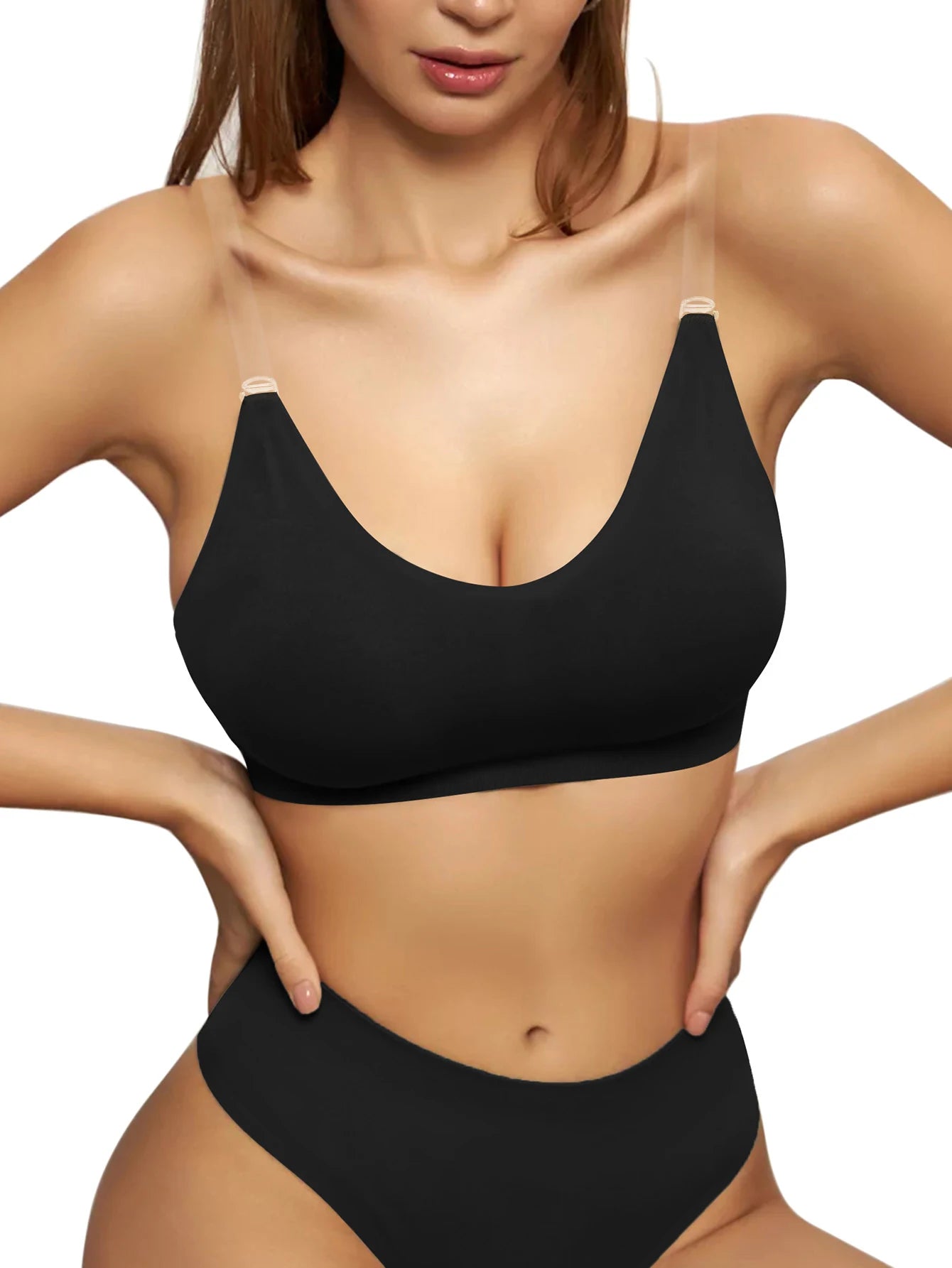 Unlined Backless Bra with Transparent Straps Women Wireless Seamless Everyday Brassiere U-shaped Back Lingerie Inner Wear