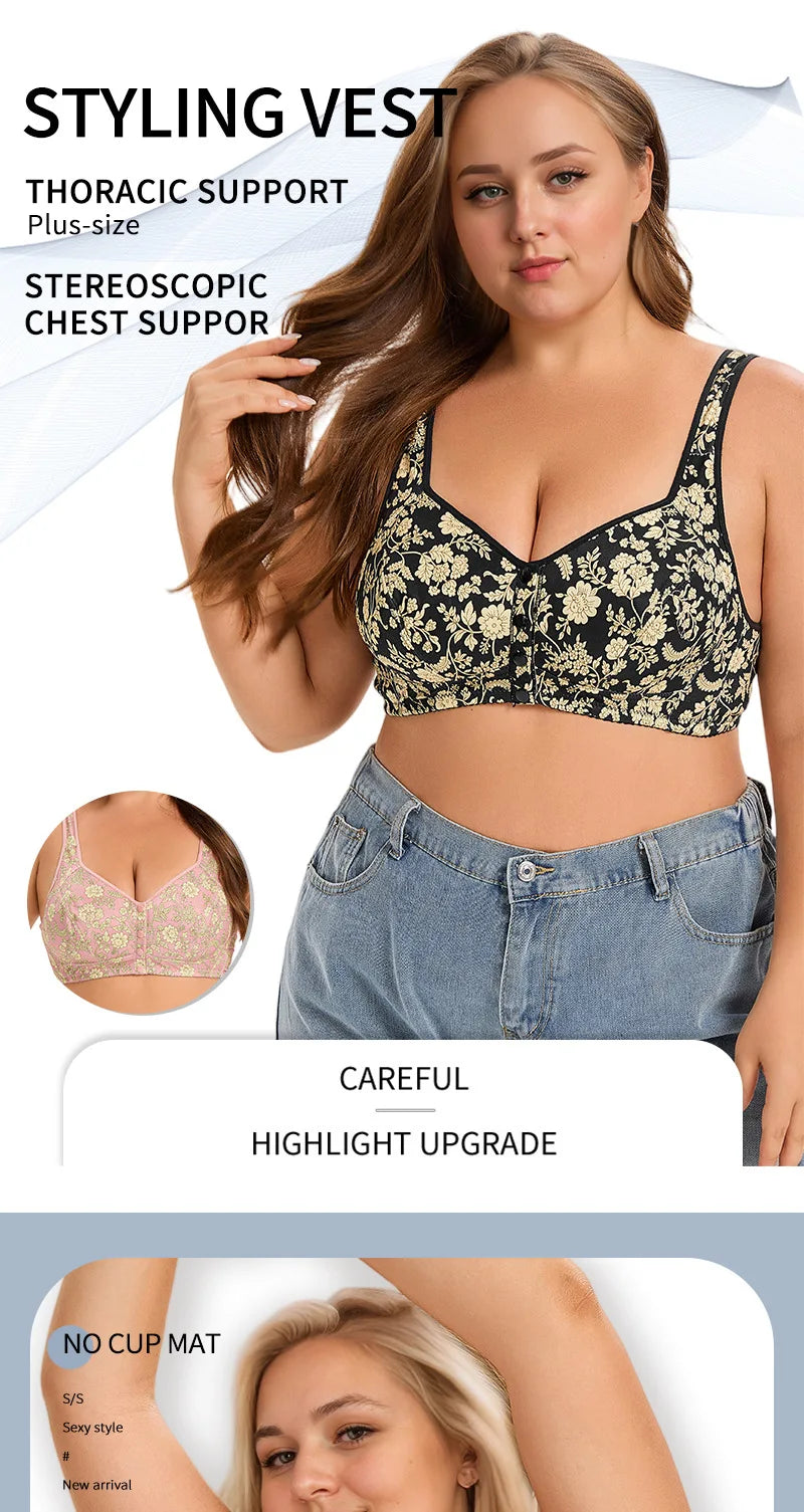 plus Size Front Closure Wireless Floral Print Bra Full Coverage Comfortable Support Bralette for Women Wide Band Everyday Wear
