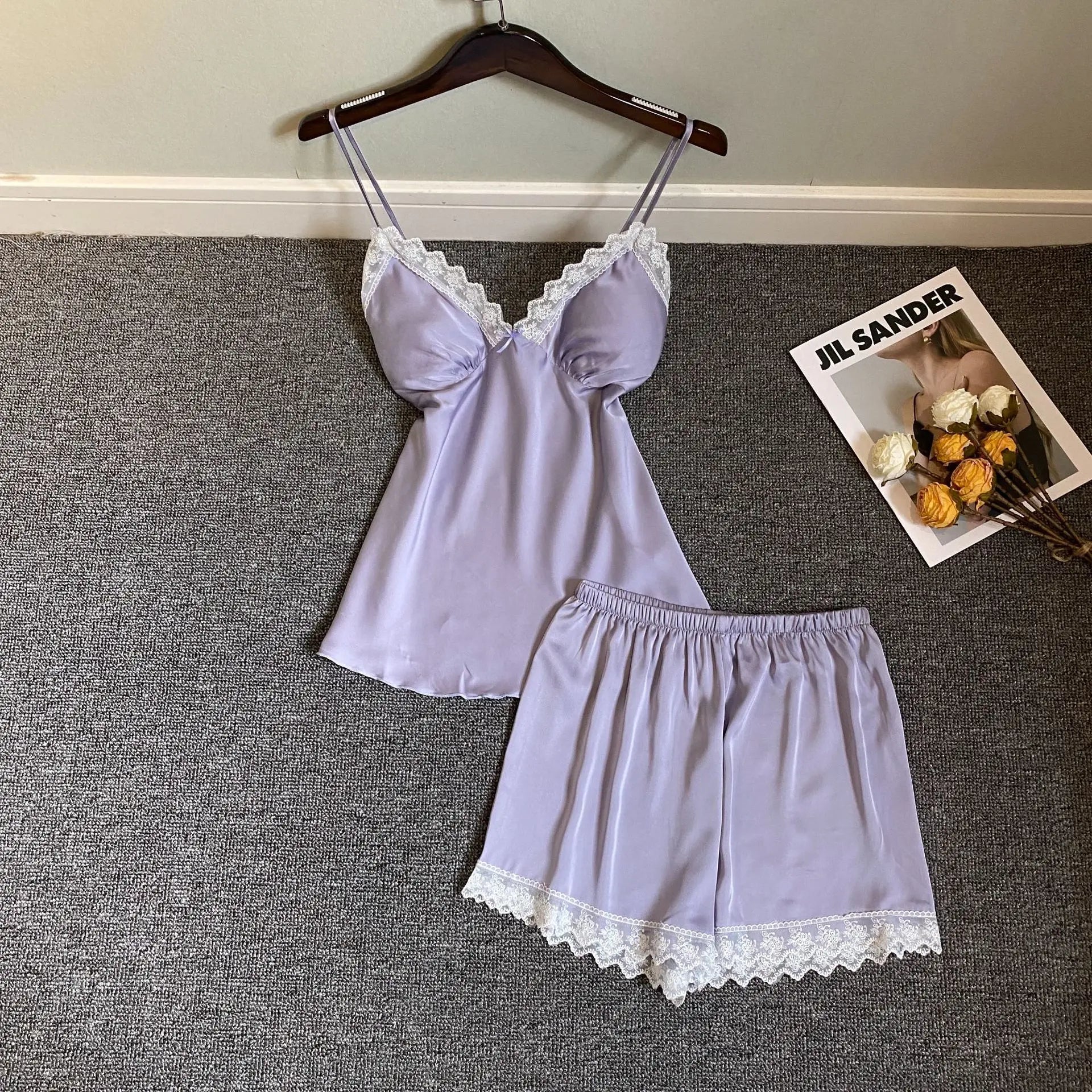 Lace Sleepwear Satin Cami&Shorts Suit Women 2 Pieces Sleep Set Sexy Deep V-Neck Nightwear Thin Home Clothes Lounge Lingerie