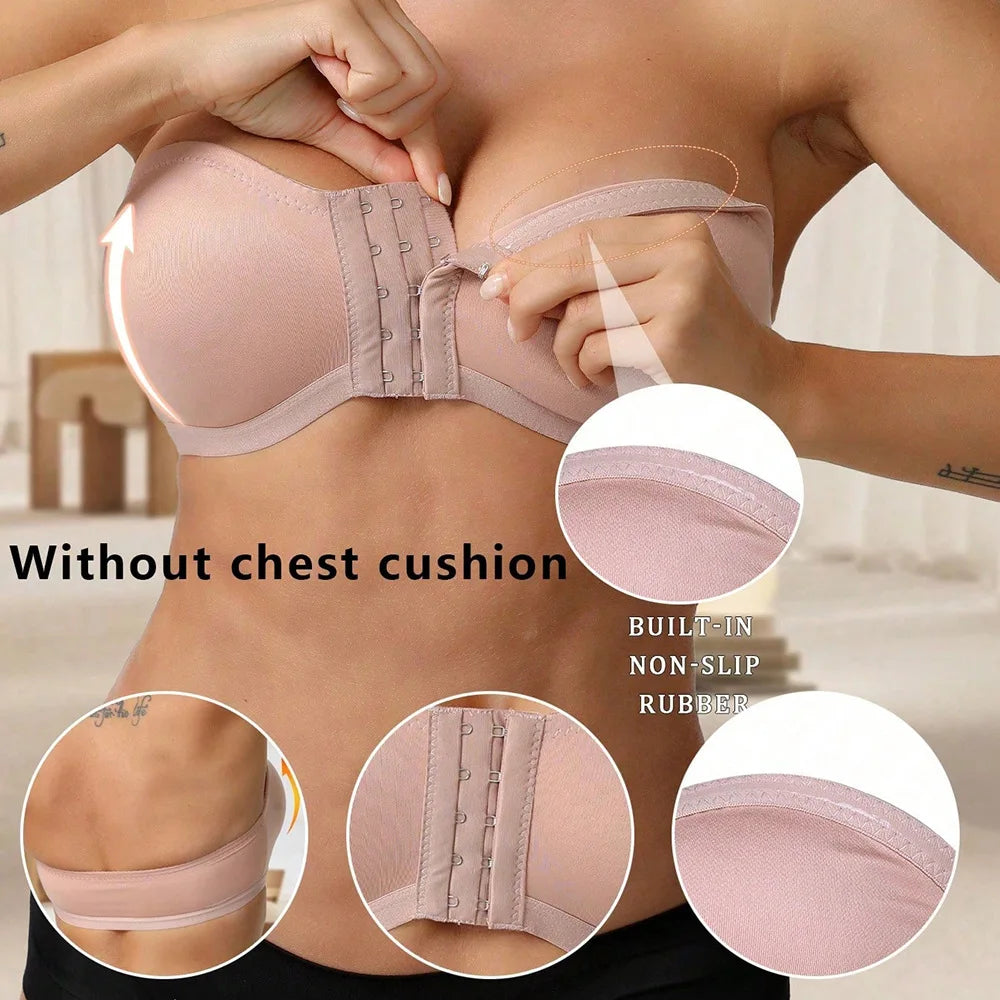 Women's Strapless Front Closure Push Up Unlined Bra Non-Slip Bandeau Brassiere Seamless Wireless Tube Top No Show Bralette