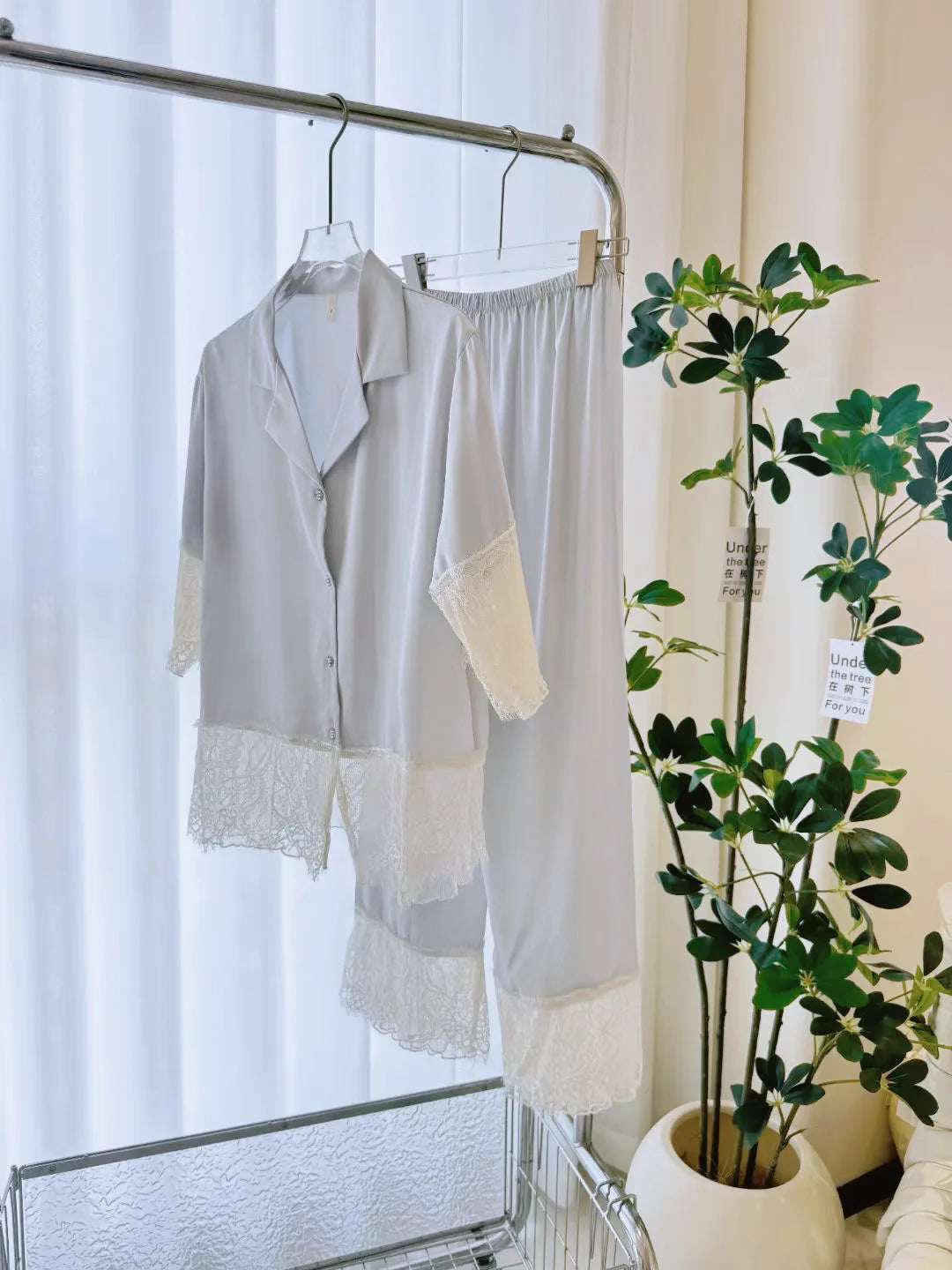 Female Pajamas 2PCS Set Lounge Wear Big Lace Trim Short Sleeve Shirt Trouser Pijamas Suit Sleepwear Pyjama Loose Homewear