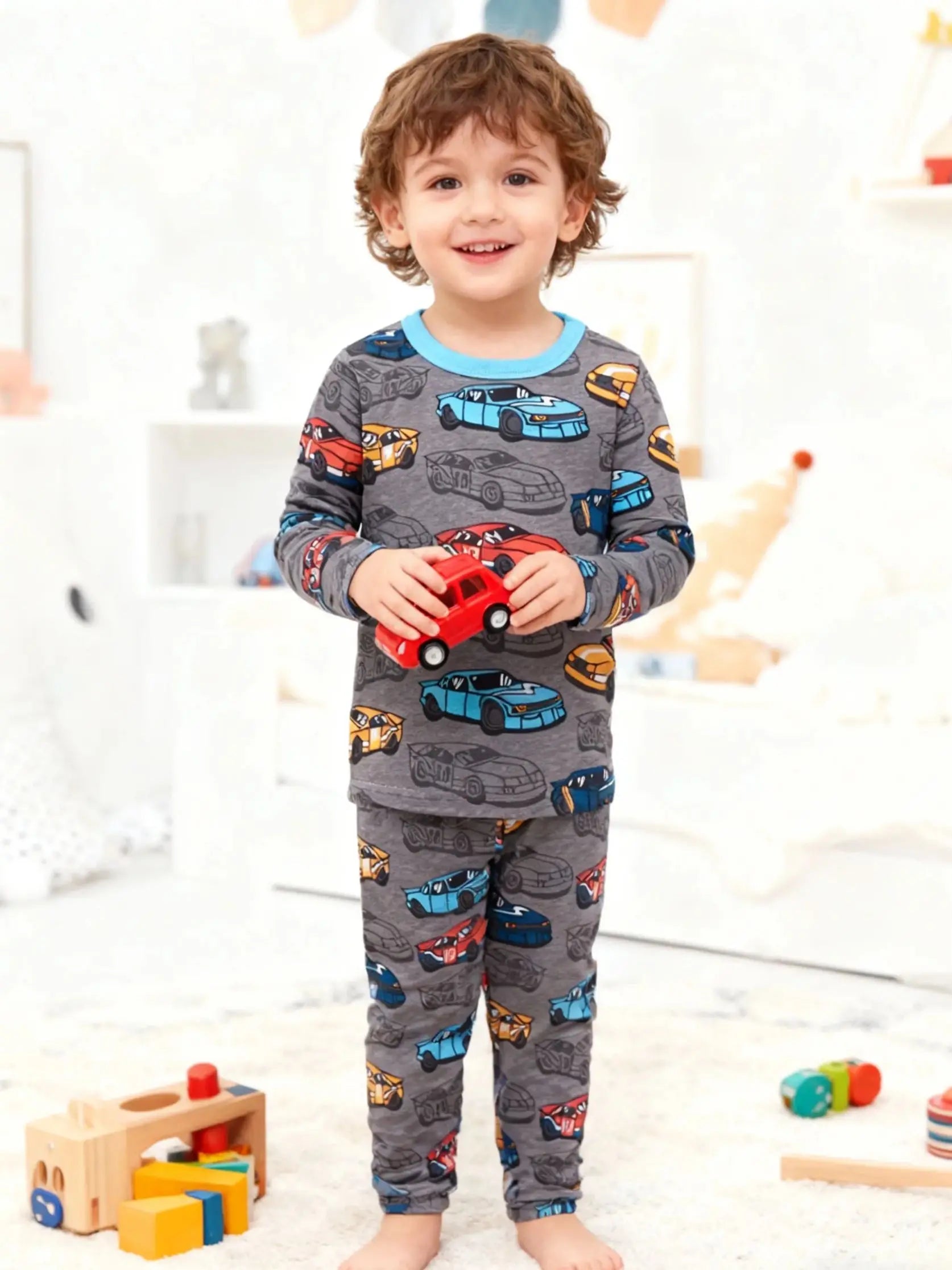 Kids Pajama Set 100% Cotton Soft Car Full Print Loungewear Nightwear Long Sleeve Pjs for Toddler Boys Girls Age 1-8 Years