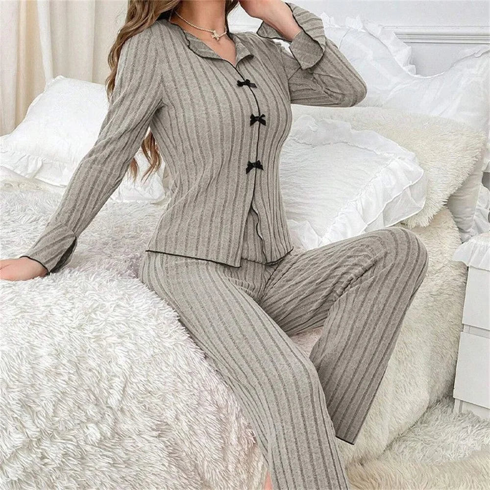 Ribbed Knit Pajama Sets Long Sleeve Lounge Set for Women  Button Top Full Length Pants 2 Piece Fall Casual Outfit Sets