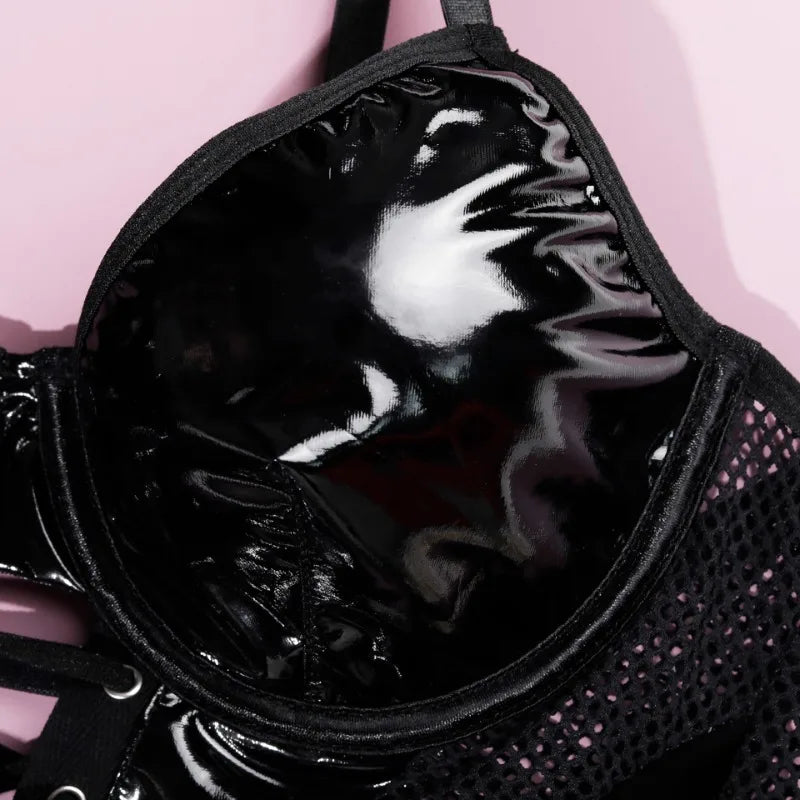 Sexy Fetish Lingerie Sets for Women 2 Piece Leather Sheer Mesh Corset Tops Bodysuit Exotic Underwear Bandage Push Up Bra Panties