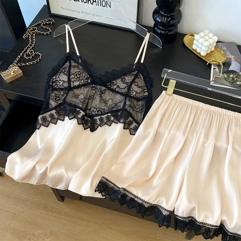 Sexy Intimate Lingerie Pajamas Set Hollow Out Lace Cami Shorts Pijamas Suit Spring Summer New Sleepwear Home Clothes Loungewear
