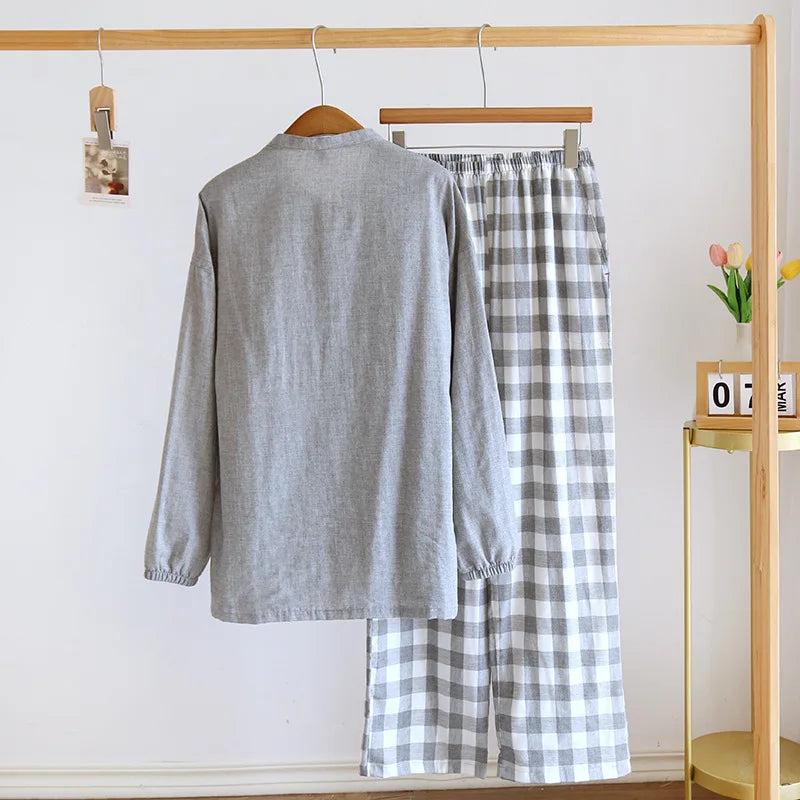 2026 Japanese Style Men's Cotton Pajama Sets Plaid Long Sleeve Trousers Sleepwear Sets Men Double-layer Cotton Homewear Lounge