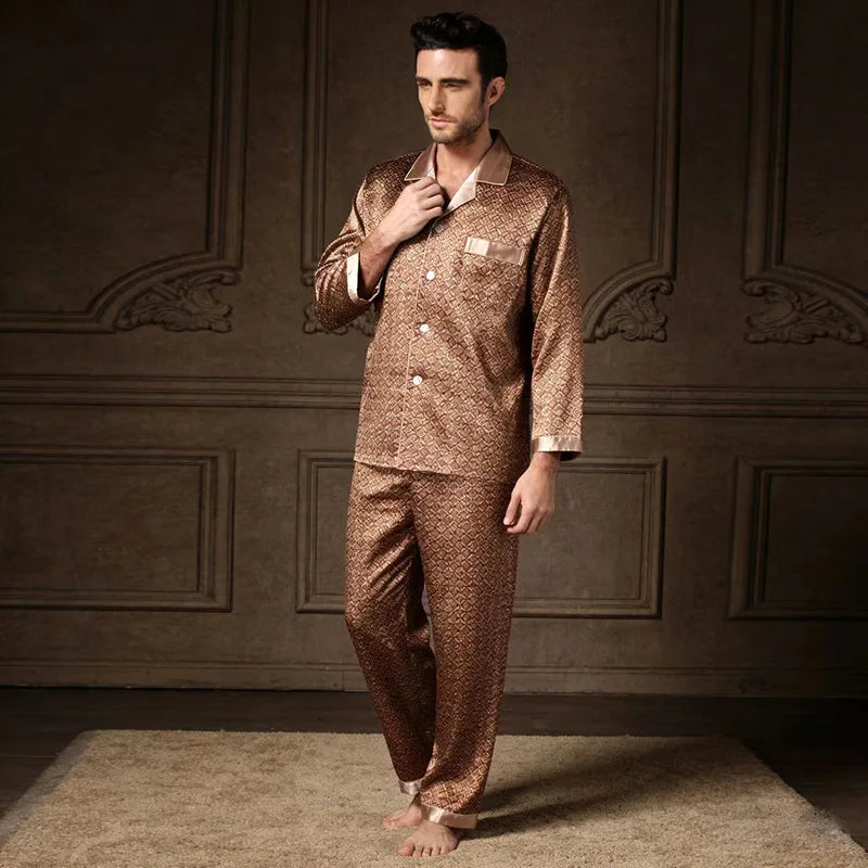 2PCS Men's Geometric Print Pajama Set Loungewear Spring New Thin Polyester Ice Silk Sleepwear Plus Size Homewear Pijamas Suit