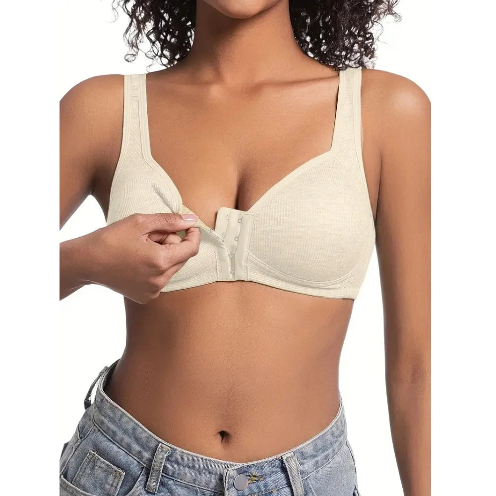 Women's Bra Wire-Free Front Closure Solid Color Full Coverage 3D Cups More Considerate for Middle-Aged And Elderly Individual
