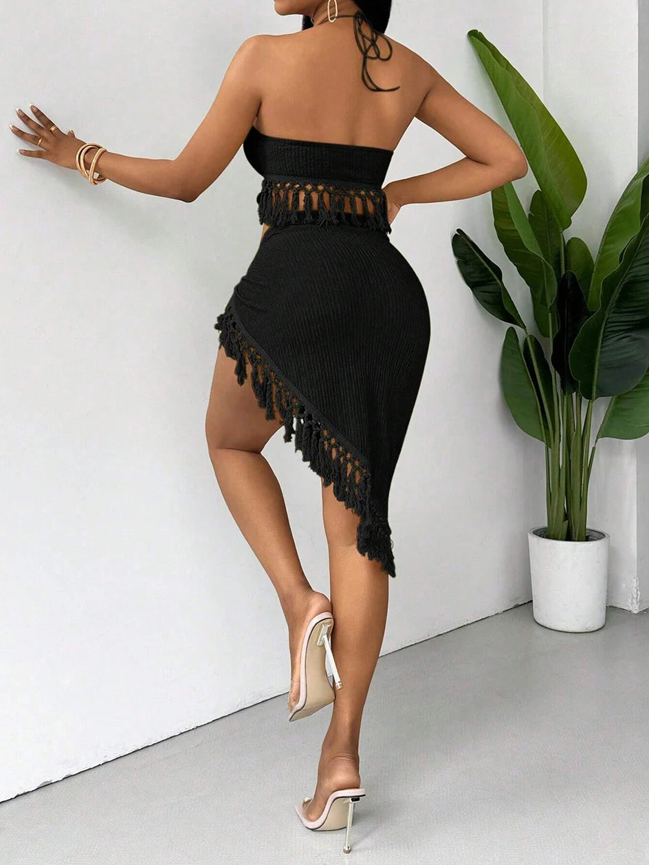 Sexy Tassels Bikini Women's Swimsuit 2025 2 Piece Swimwear Female Outfits Halter Top High Slit Skirt Set Beachwear Bathing Suits