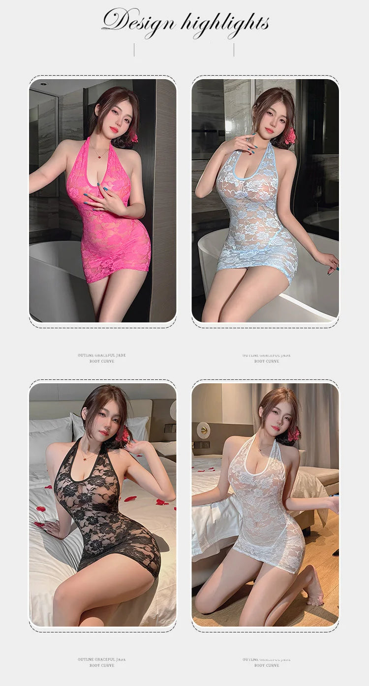 Lingerie dress Lace perspective seductive neck hanging revealing chest tight fitting hip hugging dress fetish latex sexy outfits