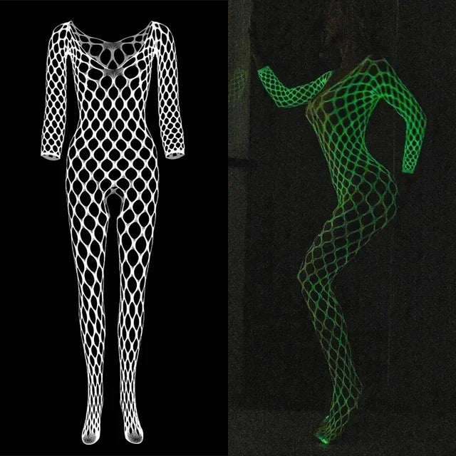 Erotic Miniskirt Tight Bodysuit Costumes Sexy Mesh Babydoll Dress Luminous Crotchless Bodystocking For Transparent Lingerie Set
