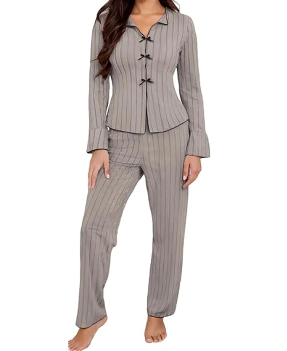 Ribbed Knit Pajama Sets Long Sleeve Lounge Set for Women  Button Top Full Length Pants 2 Piece Fall Casual Outfit Sets