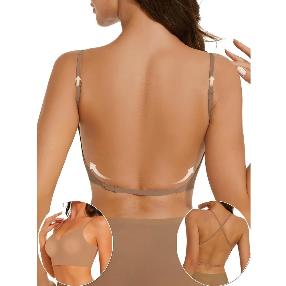 Women Invisible Bra Deep U Plunge Backless Bras Top for Dresses Removeable Padded Push Up Seamless Underwear Bra