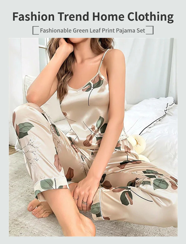 2026 Women's Elegant Leaf Print Satin Pajama Set V Neck Cami Top and Elastic Pants for Comfortable Sleep and Lounging Sleepwear
