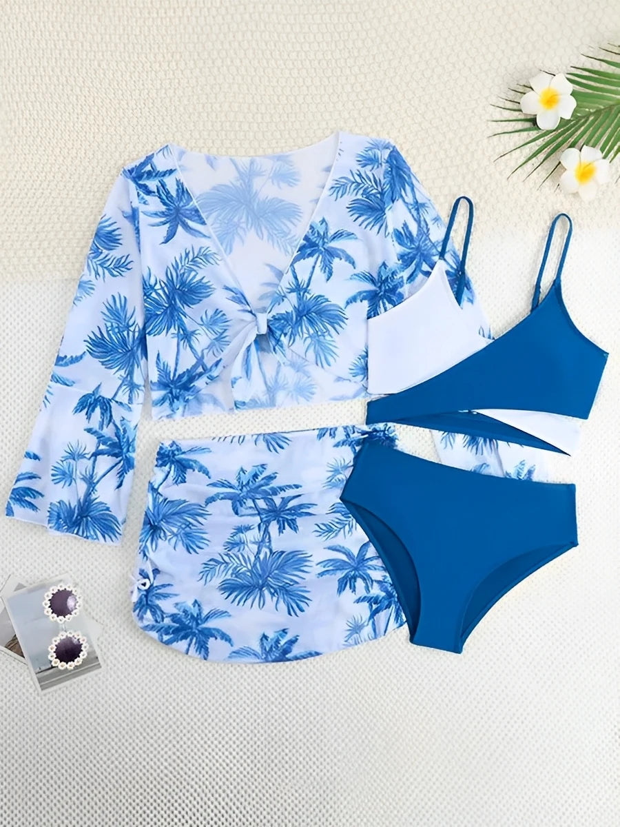 4 Pieces Bikini Top & Skirt 2026 Girls Swimsuit Kids High Waist Swimwear Children Bathers Bathing Swimming Swim Suit Beachwear