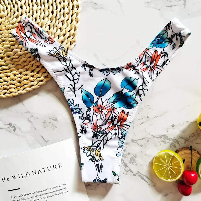 New Floral Print Brazilian Bikini Bottom Women's Swimwear High Waisted Sexy V Thong Swimsuit Bathing Suit Women Swimwear Women