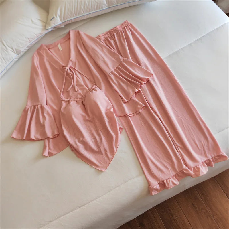 Pajama Set Woman New Chest Pad Sleepwear Ladies Night Wear Clothes Long Sleeve Trousers Suit Cotton Home Pijama De Mujer 3 Pcs