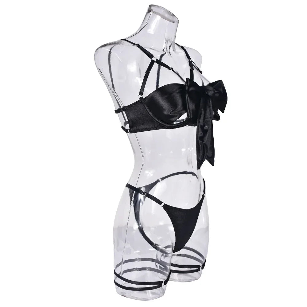 Hot Sexy Lingerie Women's Erotic Lace Satin Sexy Bodysuit Women's Bow Sleepwear Sexy Bra Panties Set Babydoll Exotic Pajamas