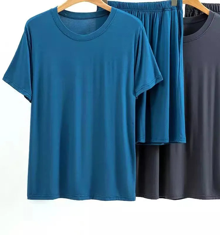 Modal Pajama Set Men's Round Neck Pajama Set for Summer Casual Wear Solid Color Loose Short Sleeved Shorts Two-piece Set Male