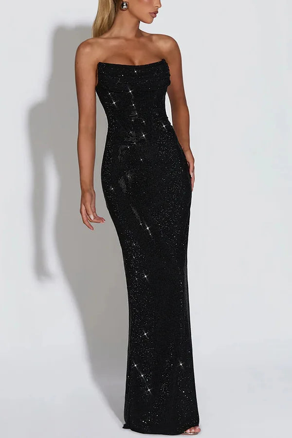 Sexy Socialite Sequin Tube Top Evening Dress Folds Low Cut Backless Leace-up Package Hip Slim Party Dresses Banquet Vestidos