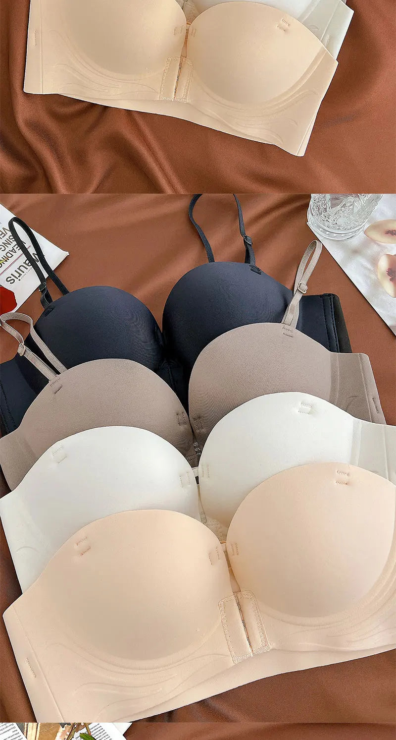 Front Closure Push Up Bras Women's Sexy Seamless Plunge No Steel Brassiere Thick Female Underwear Solid Color Invisible Lingerie