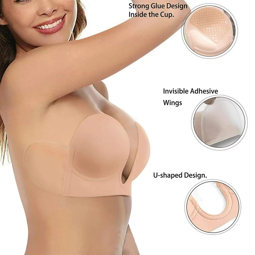 Strapless U Shaped Invisible Adhesive Plunge Silicone Bra Reusable Strapless Backless Breast Lifting Push Up Dress Underwear
