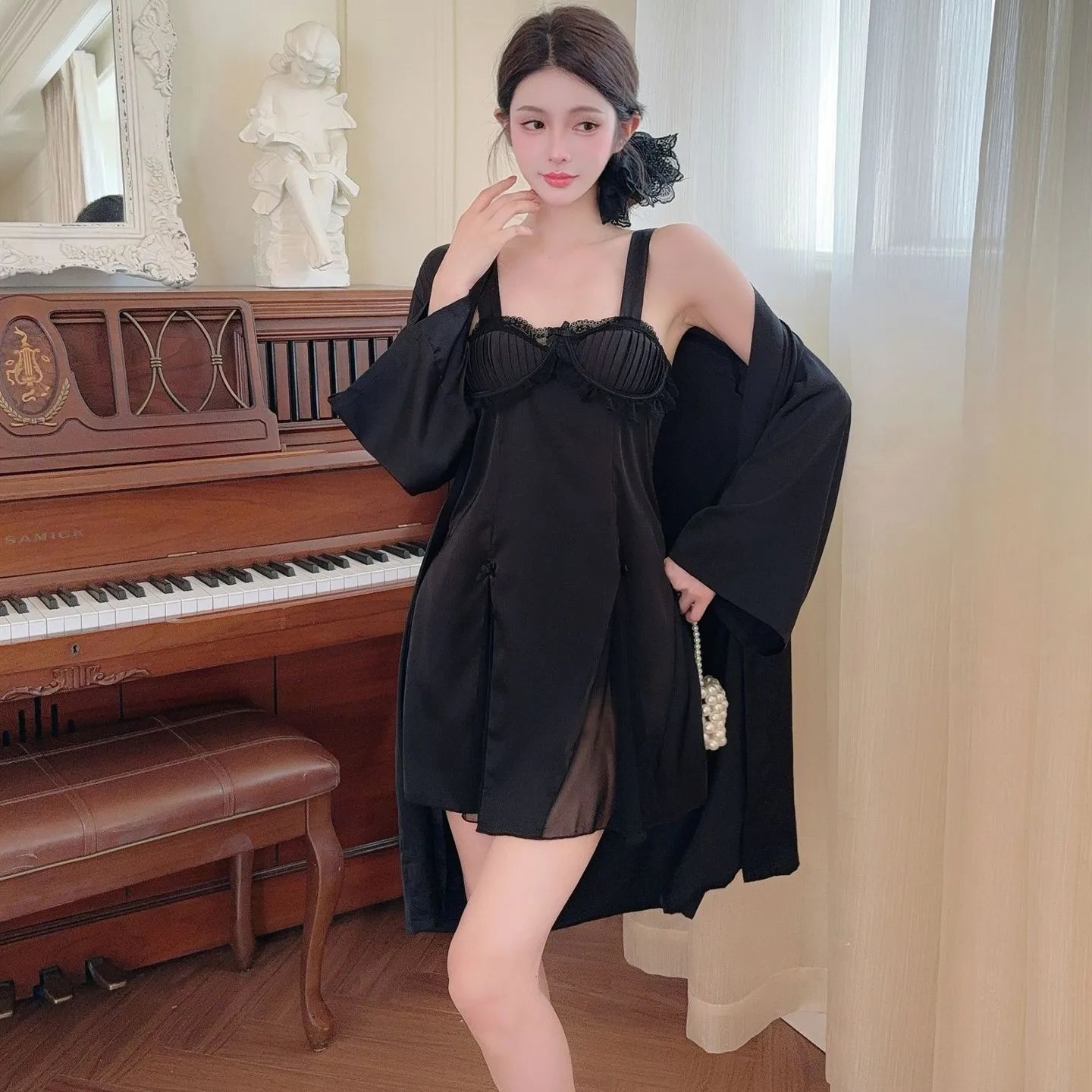 Sexy Women Robe Nightgown 2PCS Set Patchwork Lace Suspender Nightdress Lingerie Summer Sleepwear Home Dress Loungewear