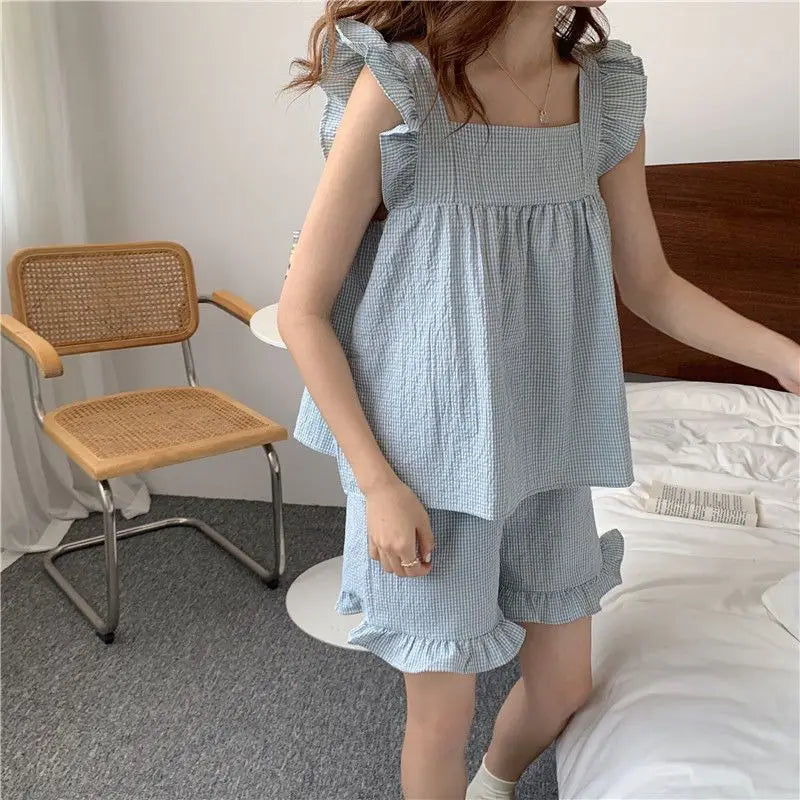 Pajama Sets Women Chic Square Collar Sweet Sleeveless All-match Home Plaid Cozy Sleepwear Korean Style Casual Summer Loose New