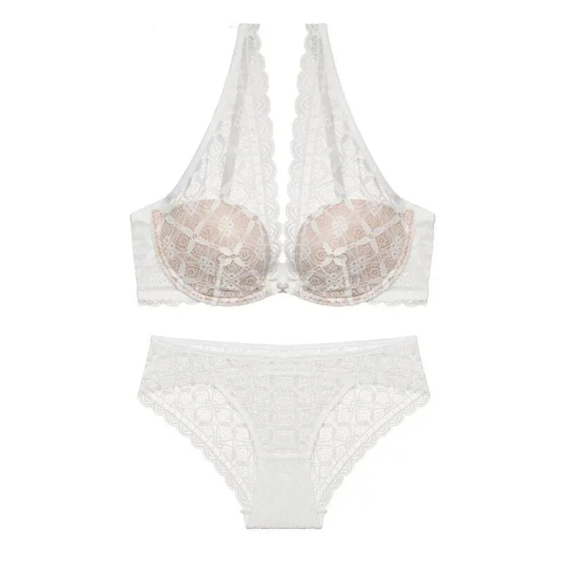 Sexy Lace Lingerie Set Deep V Plunge Bra Wireless Comfort Bralette Matching Bra Panty Set Women