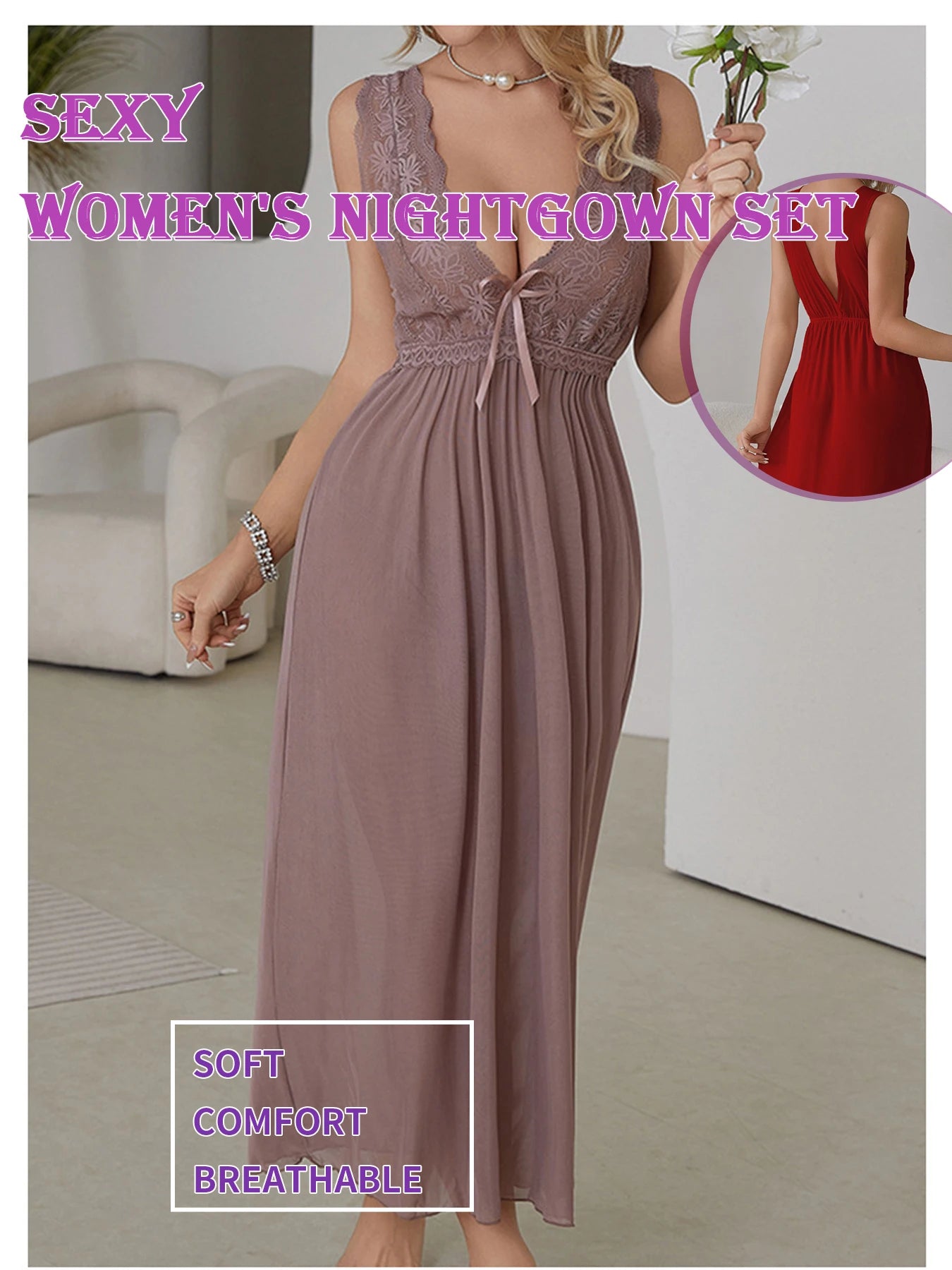 Sexy Women Lingerie Dress Set Lace Splicing Mesh Long Deep V Backless Nightgown Set Homewear All Season