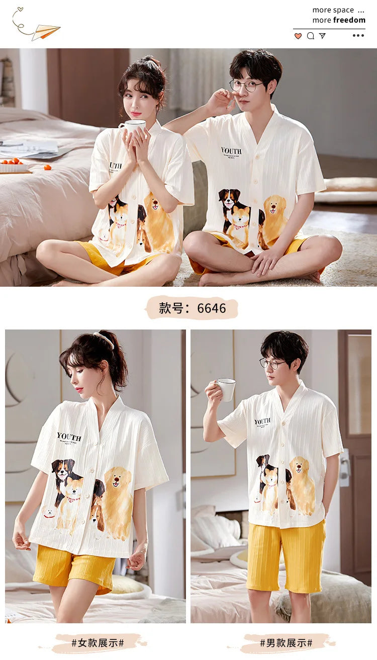 Summer Couple Pajamas Sets Cartoon Men Sleepwear Leisure Cotton Short Sleeve Women Kimono Homewear pijama Homme Mujer Dropship