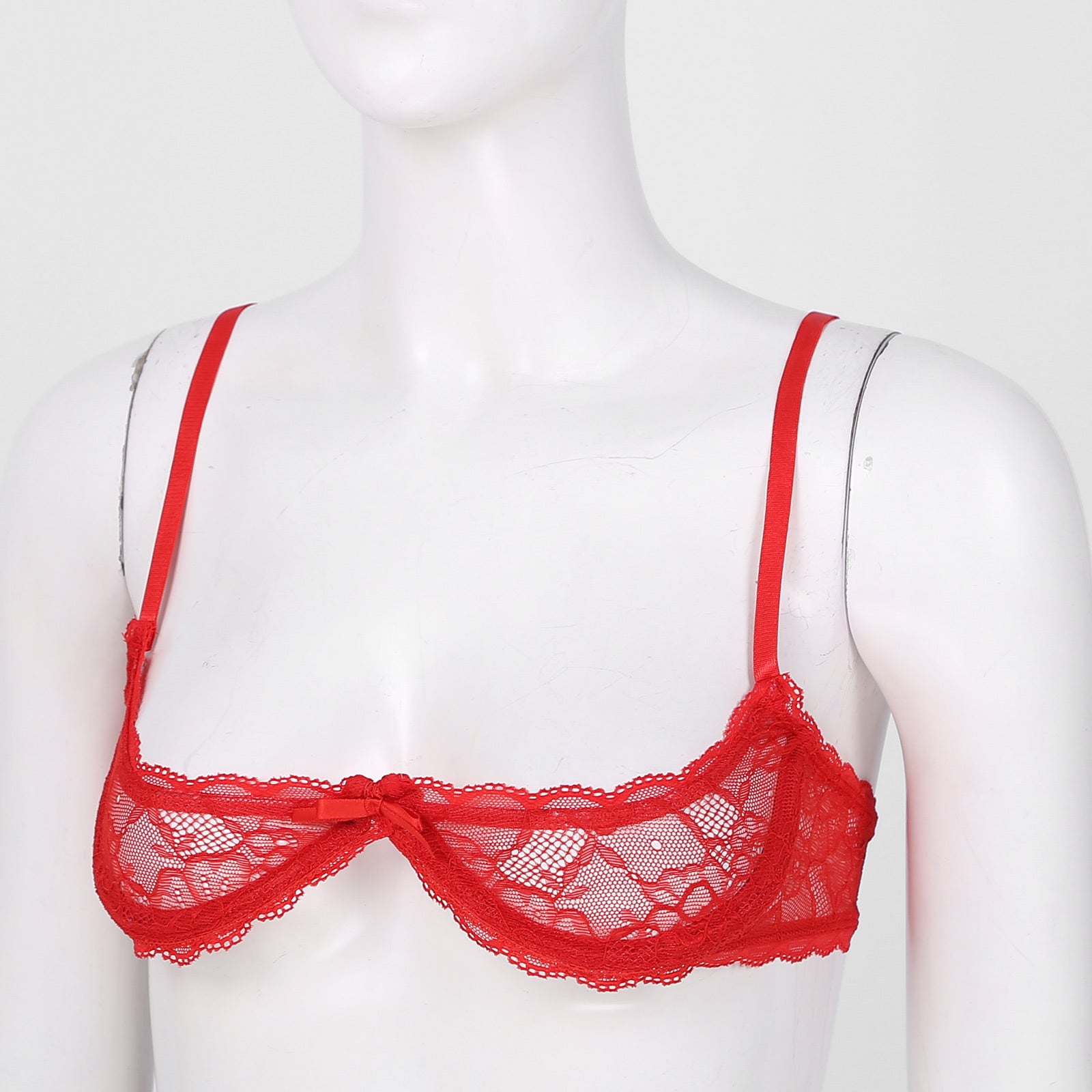 Womens Sexy Lace 1/4 Cups Unlined Bra See Through Mesh Push Up Underwired Brassiere Non Padded Balconette Bras Lingerie Tops