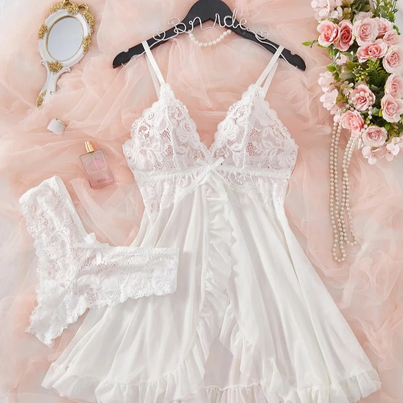 Sexy Lingerie Set Women Erotic Bra Nightdress Sexy Lace Sleepwear Solid Slim Soft Dresses V Neck Full Slip Sleepwear & Dresses