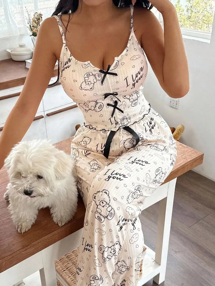 Women's Pajamas Set Sleepwear Bear Printed 2 PCS with Flirty Frill Trim Casual Cami Top and Long pants Sets Loungewear Soft