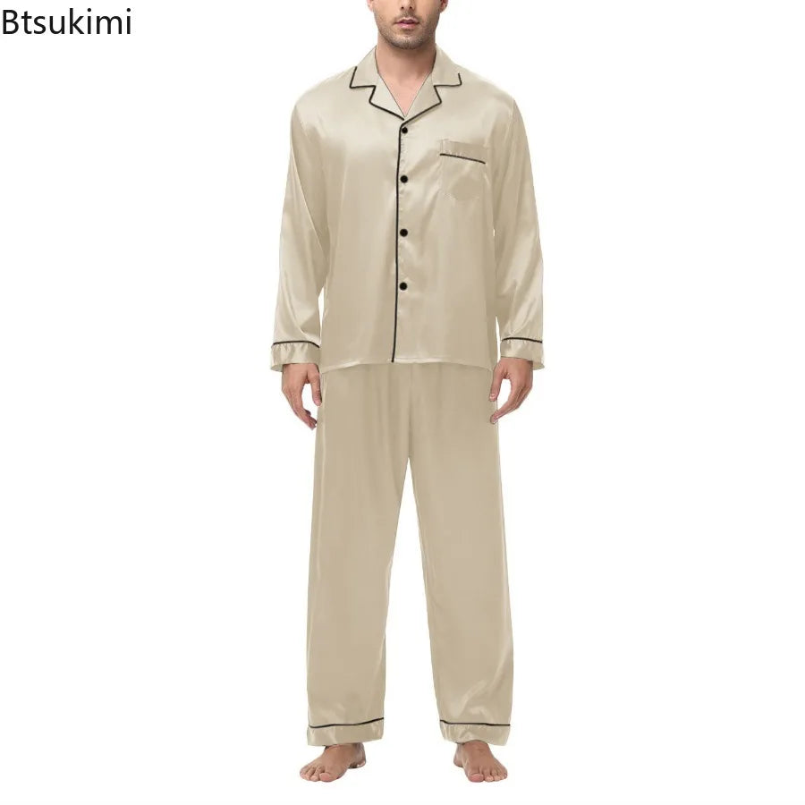 Men Pajamas Set Silk Satin Sleepwear for Man Shirt Long Sleeve Pijama Male Fashion Soft Loungewear S-2XL Size Spring Nightwear