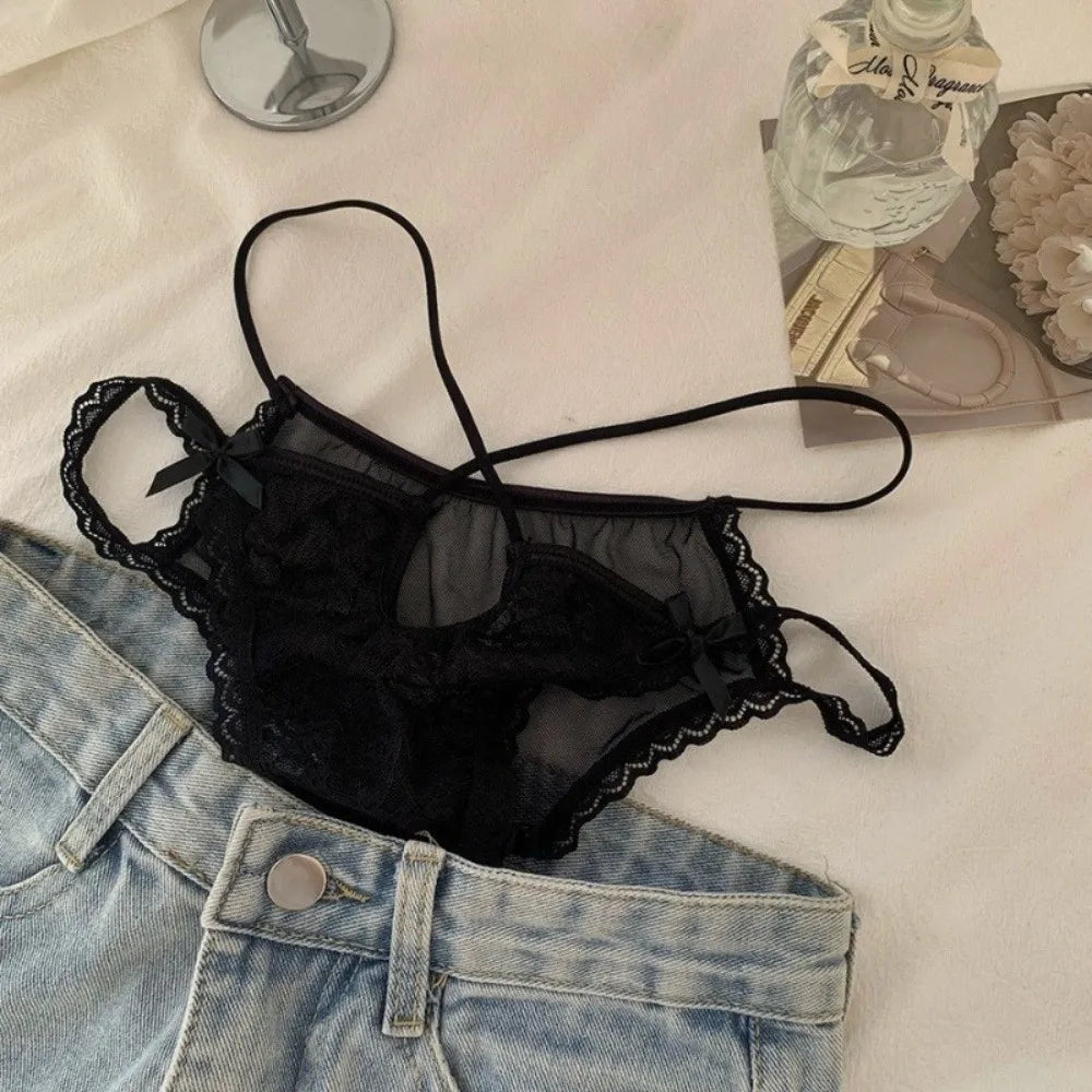 Lingerie Bow Lace Flower Panties Low Waist Hollow French Style Briefs Transparent Thin Strap Women Underwear Girl