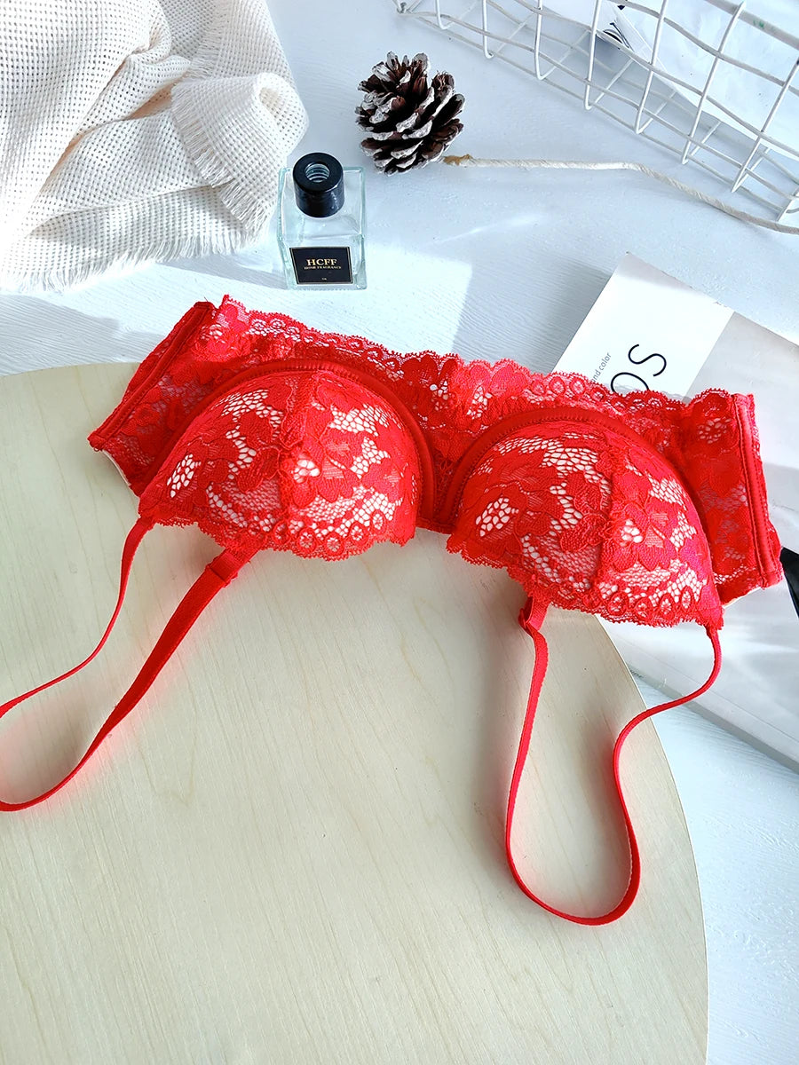 Removable double straps sexy lace gathered soft steel ring bra up support small breasts show large half cup underwear