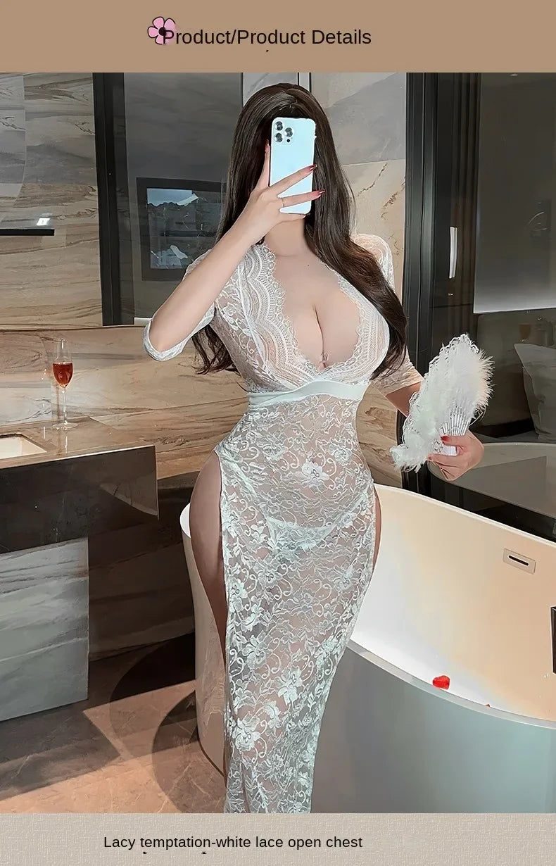 Hot Sexy Lingerie Women Pajama Sex Babydoll Lace Dress Transparent Sleepwear Hollow Out Robe Lingerie Sex Clothes Plus Size
