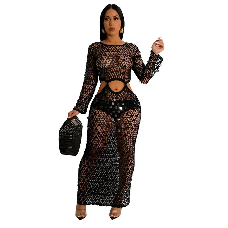 Sexy Party Dresses Sequined Crochet Knitted Beach Dress for Women Summer See-through Cover Up Bodycon Maxi Dress Vacation Club