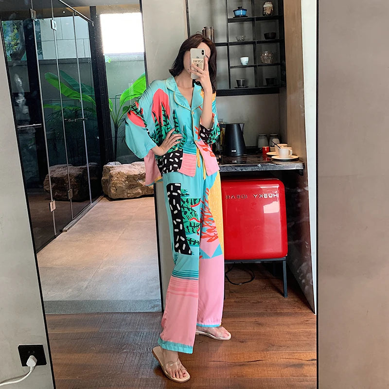 Satin Pajamas Set Spring Summer Home Suit with Pant Women's Print Pijama Suit Silk Pijama Set Sleepwear for Female Pyjamas