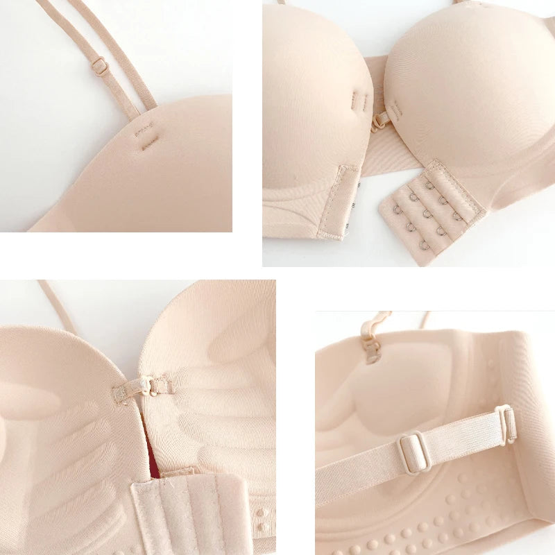 Strapless Bras Women Front Closure Seamless Brassiere Push Up Thick Underwear Adjustable Female Soft Solid Invisible Lingerie