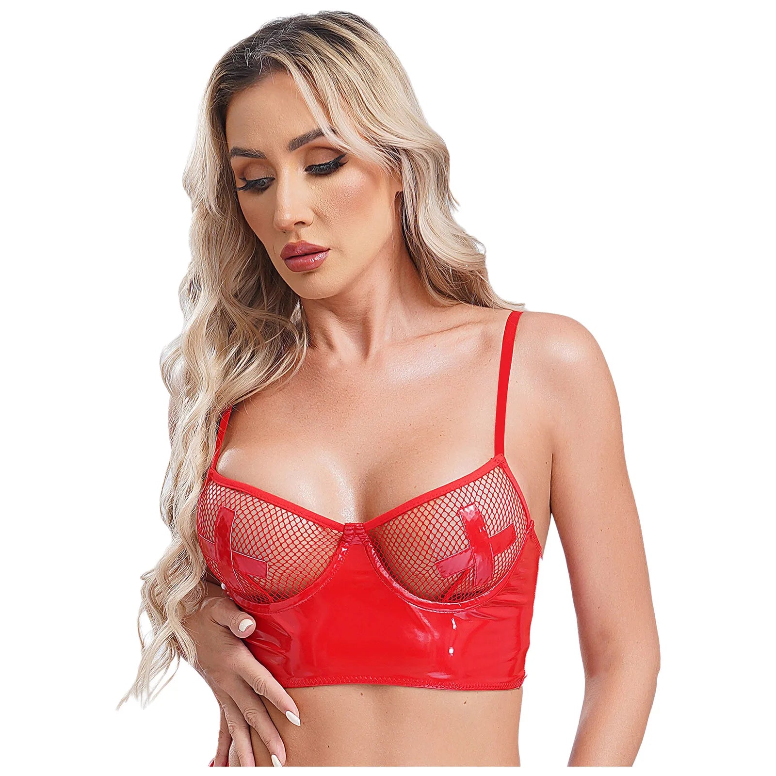 Womens Lingerie Fishnet Mesh Bra Bustier See Through Mesh Underwire Balconette Back Zipper Bras Sexy Push Up Wet Look Crop Top